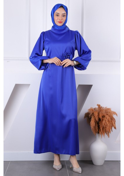 Saks Mavi Gül Kemer Detaylı Balon Kol Saten Abiye fiyatları