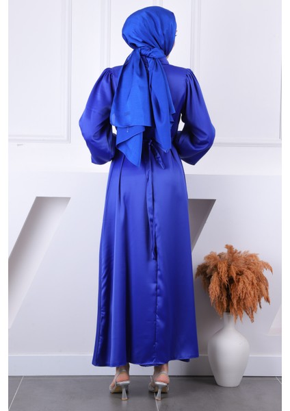 Saks Mavi Gül Kemer Detaylı Balon Kol Saten Abiye fırsatları