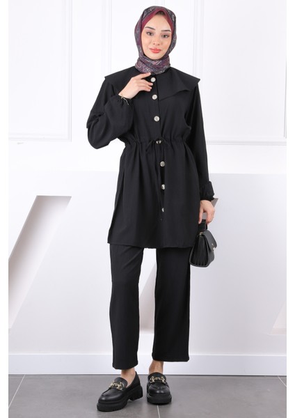 Siyah Beli Bağlamalı Tunik Pantolonlu Takım