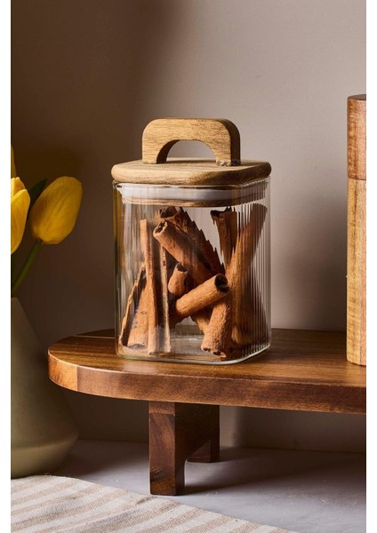 Luxury Acacia 500 ml Akasya Vakum Kapak Borosilikat Yuvarlak Cam Kavanoz 8X10 cm 1 Adet