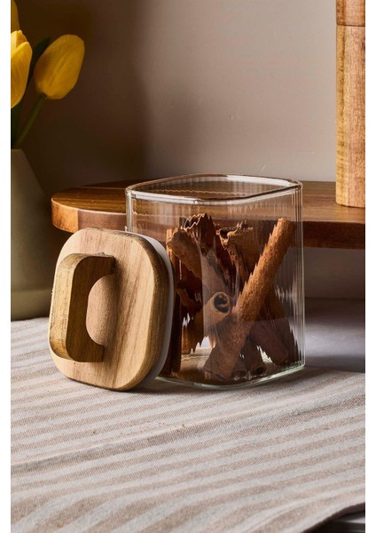 Luxury Acacia 500 ml Akasya Vakum Kapak Borosilikat Yuvarlak Cam Kavanoz 8X10 cm 1 Adet