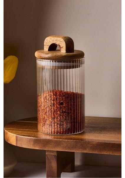 Luxury Acacia 210 ml Akasya Vakum Kapak Borosilikat Yuvarlak Cam Kavanoz 6.5X10 cm 1 Adet