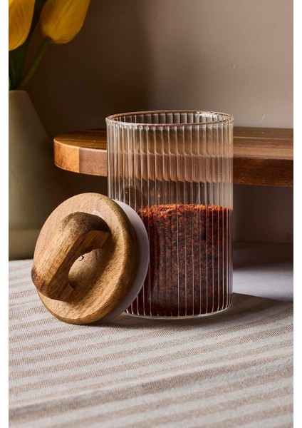 Luxury Acacia 210 ml Akasya Vakum Kapak Borosilikat Yuvarlak Cam Kavanoz 6.5X10 cm 1 Adet