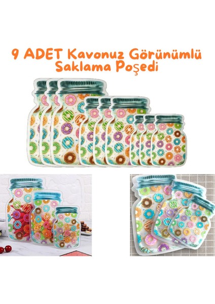 Luxury 9 Adet 3 Boy Kavanoz Görünümlü Kilitli Donutlu Saklama Poşeti / 150ML - 500ML - 620ML 1 Adet