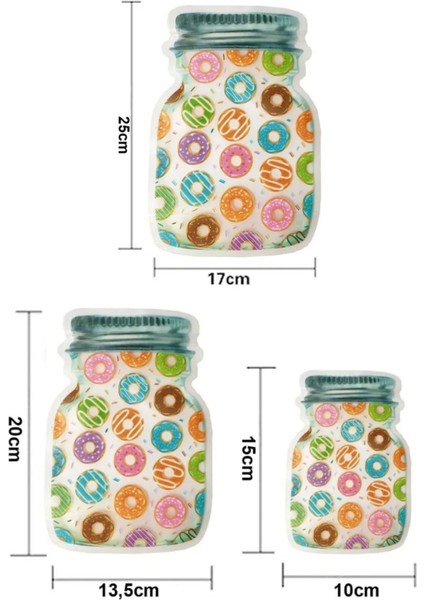 Luxury 9 Adet 3 Boy Kavanoz Görünümlü Kilitli Donutlu Saklama Poşeti / 150ML - 500ML - 620ML 1 Adet