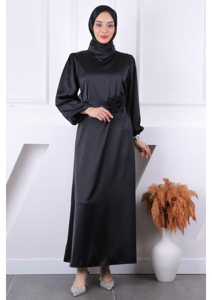 Siyah Gül Kemer Detaylı Balon Kol Saten Abiye