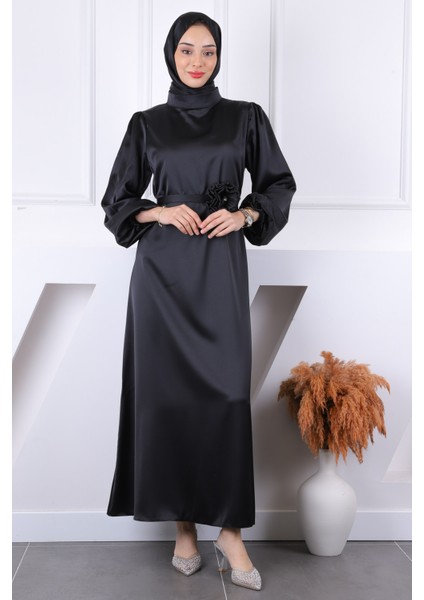 Siyah Gül Kemer Detaylı Balon Kol Saten Abiye fiyatları
