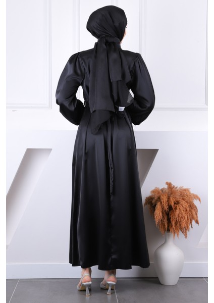 Siyah Gül Kemer Detaylı Balon Kol Saten Abiye modelleri