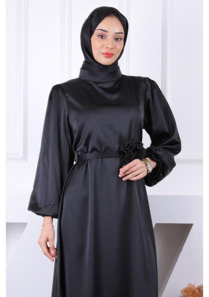 Siyah Gül Kemer Detaylı Balon Kol Saten Abiye fırsatları