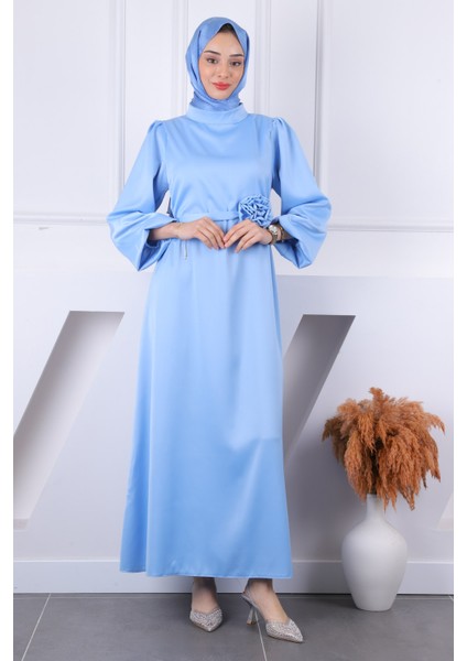 Bebe Mavi Gül Kemer Detaylı Balon Kol Saten Abiye