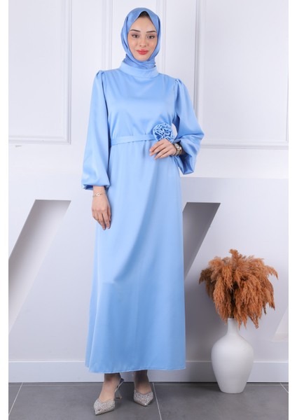 Bebe Mavi Gül Kemer Detaylı Balon Kol Saten Abiye fiyatları