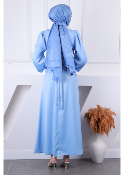 Bebe Mavi Gül Kemer Detaylı Balon Kol Saten Abiye modelleri