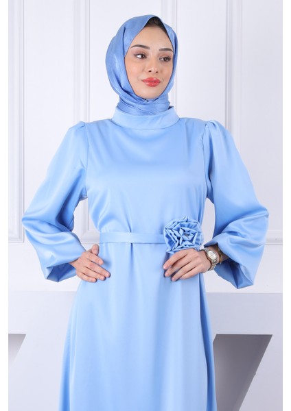 Bebe Mavi Gül Kemer Detaylı Balon Kol Saten Abiye fırsatları