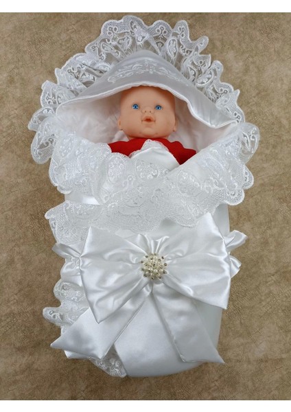 Yenidoğan Pırıltı Nakış Detaylı Lüks Kundak Bebek Battaniyesi Ekru fiyatları