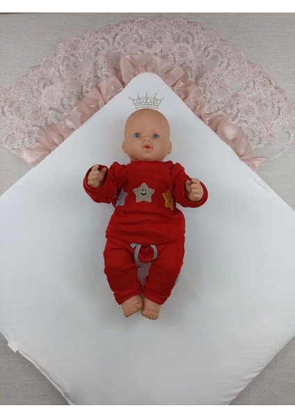 Sahra Taç Nakışlı Inci ve Dantel Fiyonklu Çift Dantel Duvaklı Trilüks Kundak Bebek Battaniyesi Gül Kurusu indirimleri