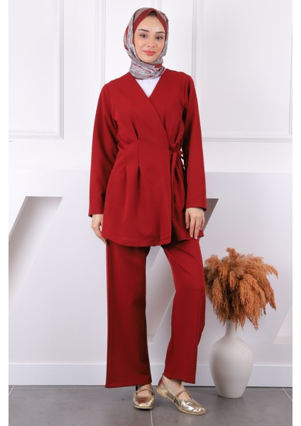 Bordo Yan Bağlamalı Tunik Pantolonlu Takım