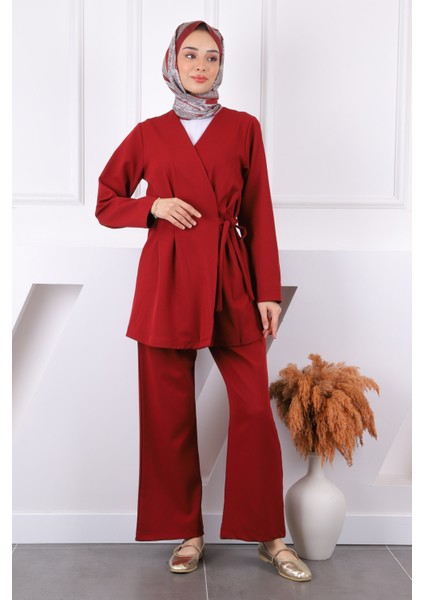 Bordo Yan Bağlamalı Tunik Pantolonlu Takım fiyatları