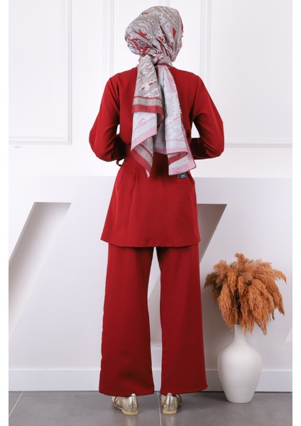 Bordo Yan Bağlamalı Tunik Pantolonlu Takım modelleri