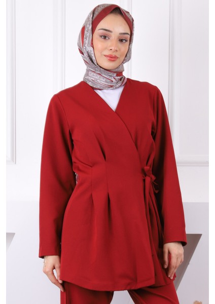Bordo Yan Bağlamalı Tunik Pantolonlu Takım fırsatları