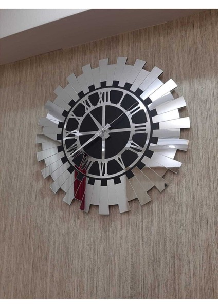 40X40 cm Silver Güneş Model Roma Rakamlı Duvar Saati Siyah Mdf Üzeri Aynalı Pleksi
