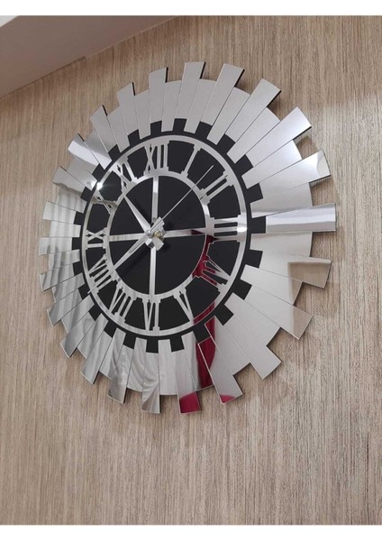 40X40 cm Silver Güneş Model Roma Rakamlı Duvar Saati Siyah Mdf Üzeri Aynalı Pleksi modelleri