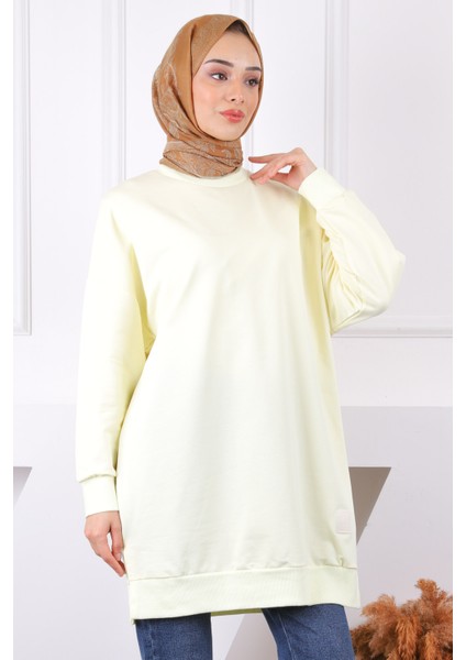 Sarı Bisiklet Yaka Yan Yırtmaçlı Sweat