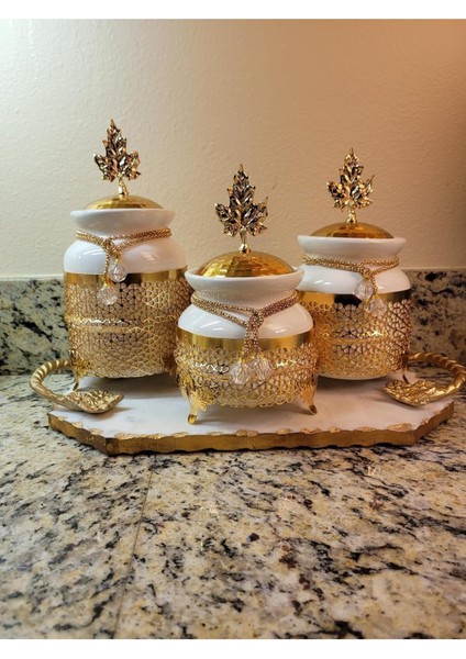 Luxury Gold Kavanoz Set Seramik 3'lü Baharat Saklama Kabı 1 Adet