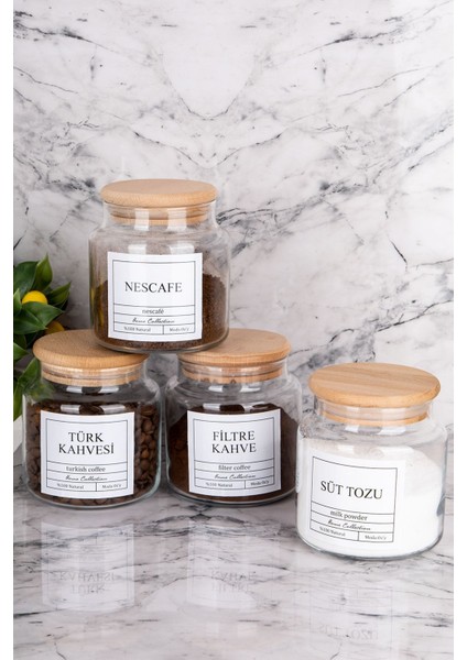 Luxury 4lü 500ML Ahşap Kapaklı Filtre Kahve&türk Kahvesi&nescafe&süttozu Kavanozu Etiketli Saklama Kabı 1 Adet