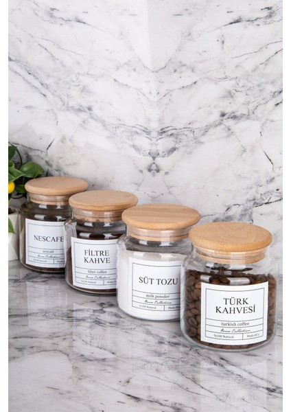 Luxury 4lü 500ML Ahşap Kapaklı Filtre Kahve&türk Kahvesi&nescafe&süttozu Kavanozu Etiketli Saklama Kabı 1 Adet