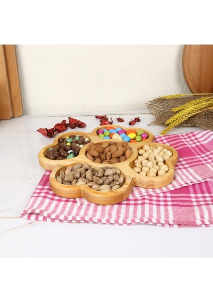 Luxury Ahşap Yonca Çerezlik & Sunumluk 5 Bölmeli Servis Tabağı 1 Adet