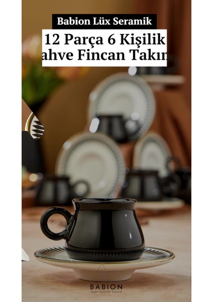 Luxury Prime Lüx 12 Parça 6 Kişilik Kahve Fincan Takımı, Türk Kahvesi Siyah Fincan Seti 1 Adet