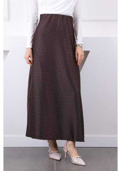 Kahverengi Bel Lastikli Taşlı Saten Etek modelleri