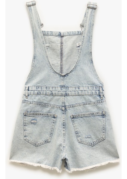 Yıpratma Detaylı Cepli Rahat Kesim Mini Askılı Denim Şort Salopet fırsatları