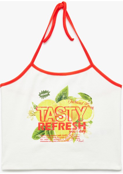 Pamuklu Kolsuz Baskılı Bağcıklı Crop Dar Kesim Halter Yaka Bluz