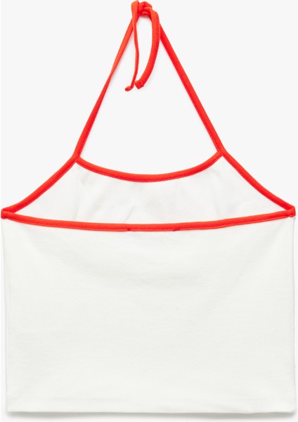 Pamuklu Kolsuz Baskılı Bağcıklı Crop Dar Kesim Halter Yaka Bluz