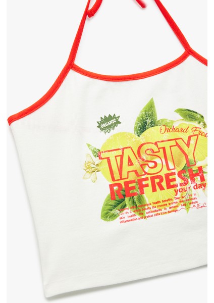 Pamuklu Kolsuz Baskılı Bağcıklı Crop Dar Kesim Halter Yaka Bluz