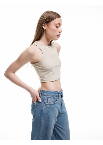 Bisiklet Yaka Kolsuz Dar Kesim Crop Basic Atlet