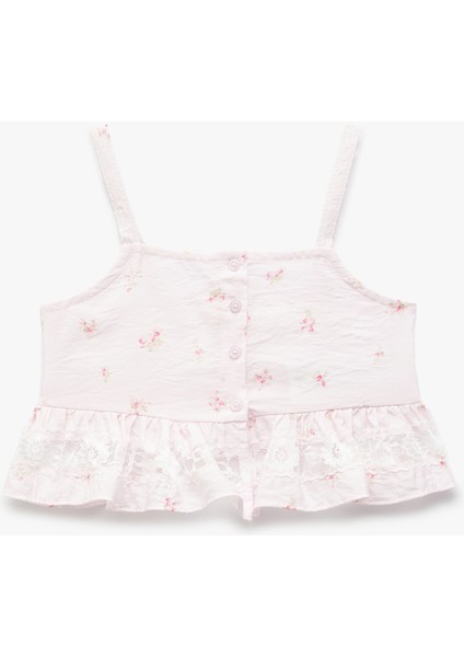 Ince Askılı Çiçek Desenli Fırfır Detaylı Viskon Crop Bluz