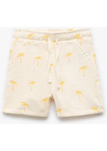 Palmiye Baskılı Beli Bağcıklı Pamuklu Şort