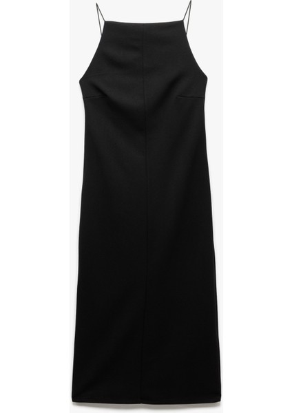 Slim Fit Krep Scuba Kumaş Yırtmaçlı Ince Askılı Halter Yaka Elbise