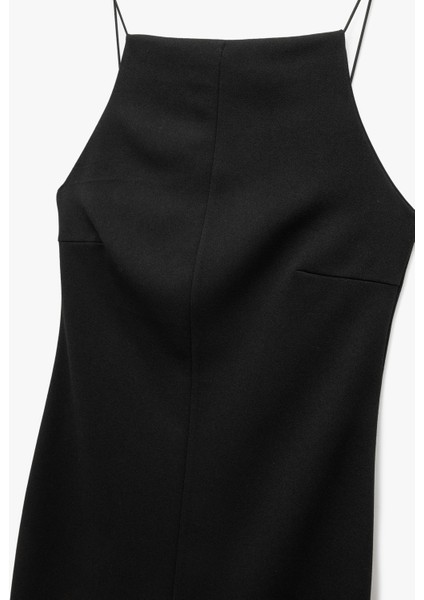 Slim Fit Krep Scuba Kumaş Yırtmaçlı Ince Askılı Halter Yaka Elbise