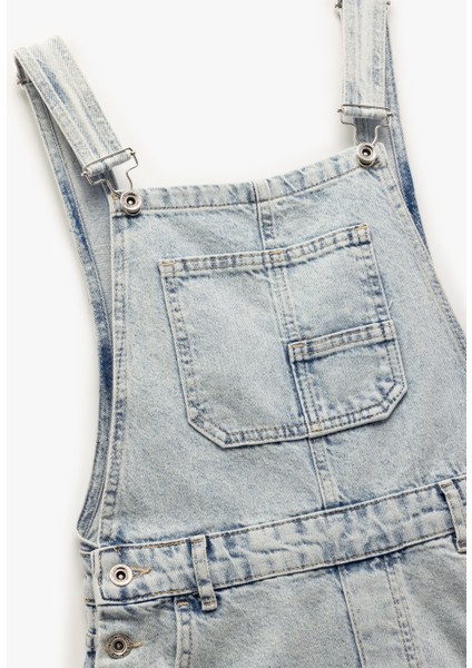 Yıpratma Detaylı Cepli Rahat Kesim Mini Askılı Denim Şort Salopet