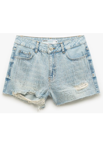 Yüksek Bel Rahat Kesim Pamuklu Yırtık Mini Denim Şort