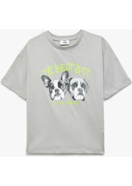 Köpek Baskılı Kısa Kollu Bisiklet Yaka Pamuklu Oversize Tişört