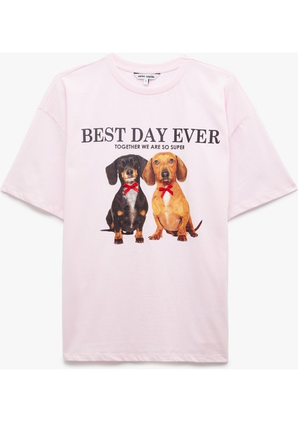 Kısa Kollu Bisiklet Yaka Pamuklu Köpek Baskılı Oversize Tişört