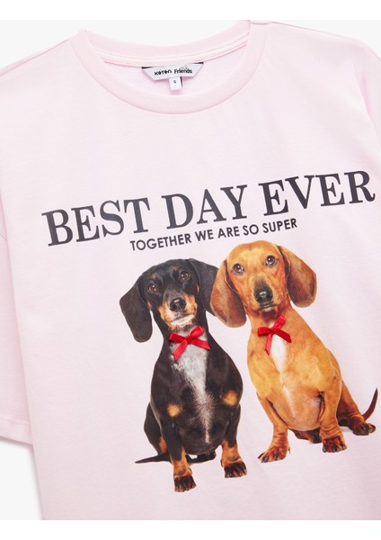 Kısa Kollu Bisiklet Yaka Pamuklu Köpek Baskılı Oversize Tişört