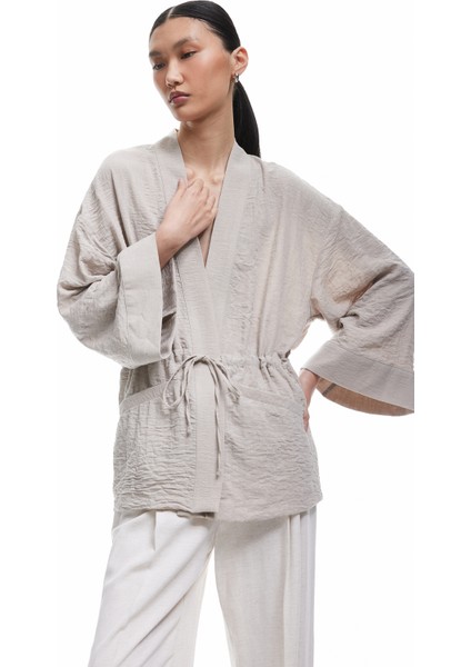 Uzun Kollu Cepli Beli Bağcık Detaylı Kruvaze Kimono
