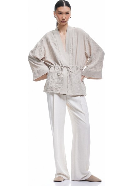 Uzun Kollu Cepli Beli Bağcık Detaylı Kruvaze Kimono fiyatları