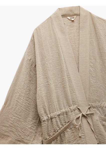 Uzun Kollu Cepli Beli Bağcık Detaylı Kruvaze Kimono indirimleri