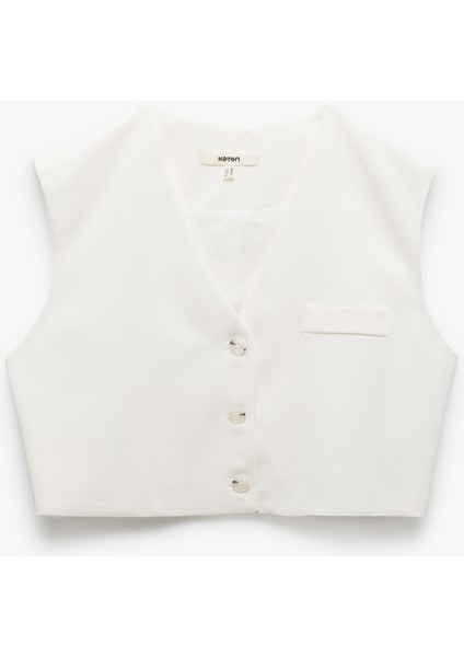 Kolsuz V Yaka Düğmeli Astarlı Modal Kumaş Crop Yelek